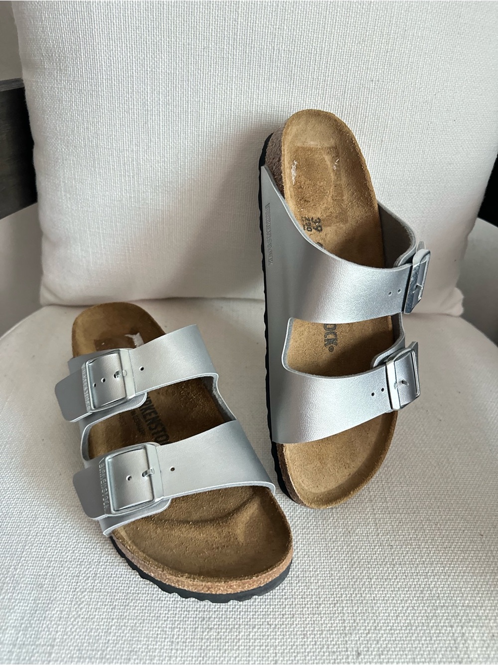 Birkenstock Silver Metallic Arizona Double Buckle Sandals